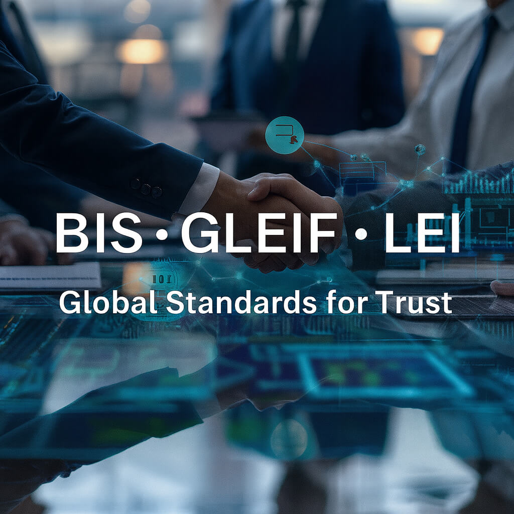 Kézfogás digitális hálózati átfedéssel és szöveg: BIS • GLEIF • LEI – Globális Bizalmi Sztenderdek