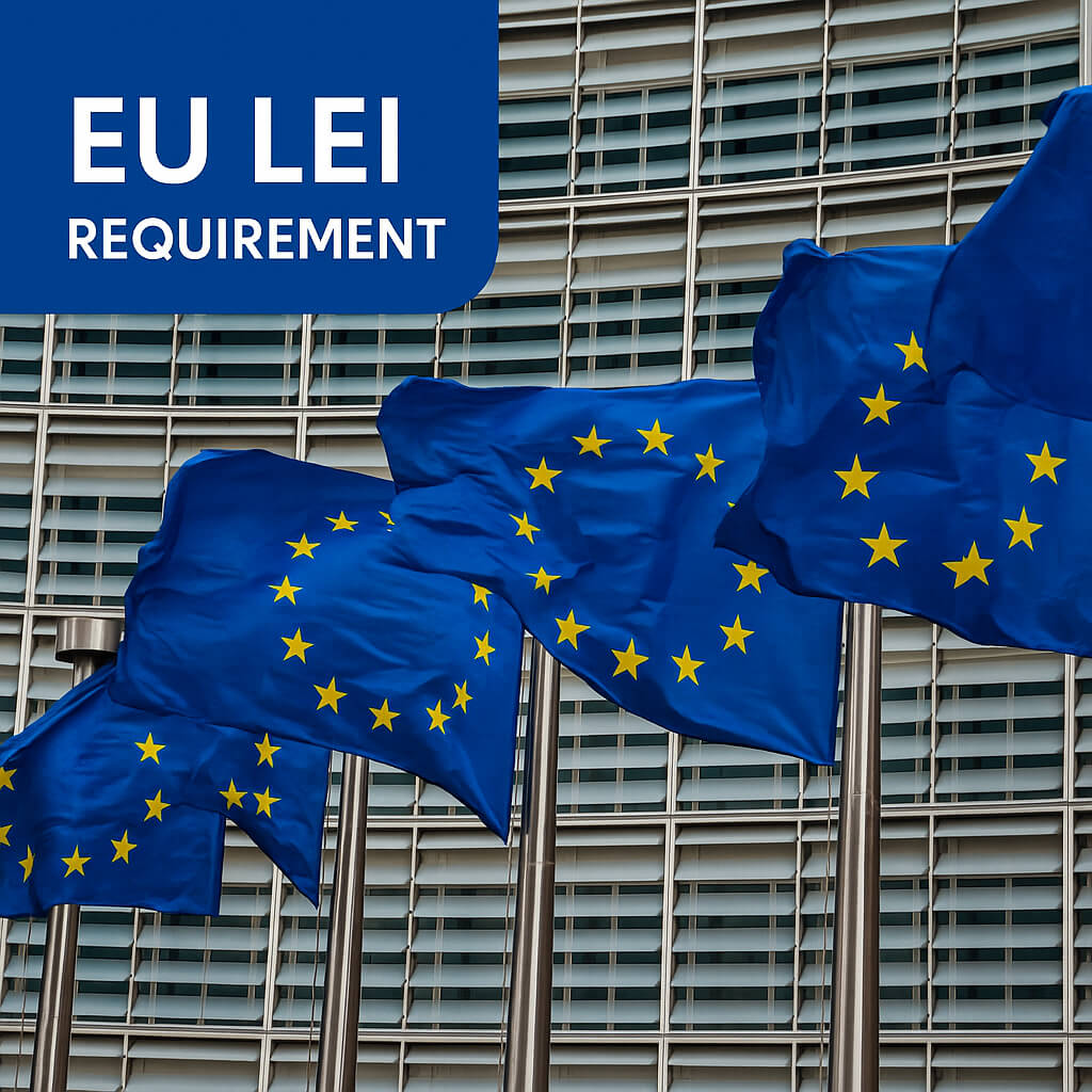EU LEI Követelmény – Európai Unió zászlói a Bizottság épülete előtt, szimbolizálva a jogi személy azonosítóval kapcsolatos kötelezettségeket az EU-ban