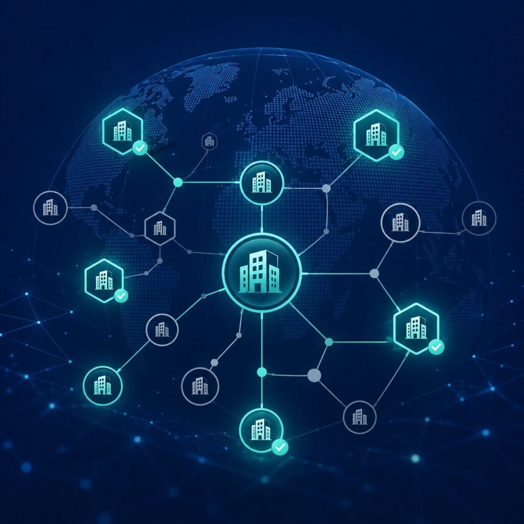 Ellenőrzött és nem ellenőrzött jogi személyek globális hálózata, amely a KYB-folyamatot szemlélteti LEI-kódok használatával